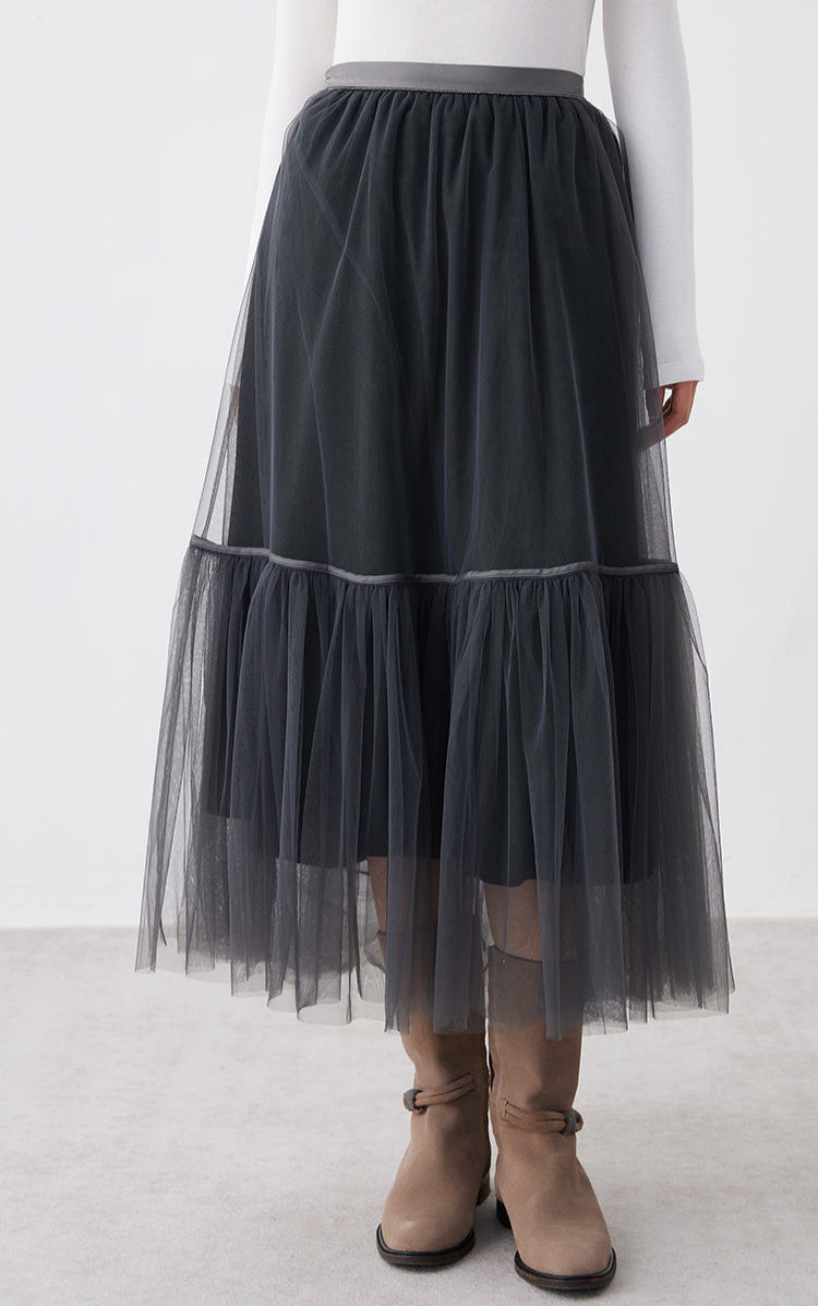 İpek Büzgülü Tül Etek