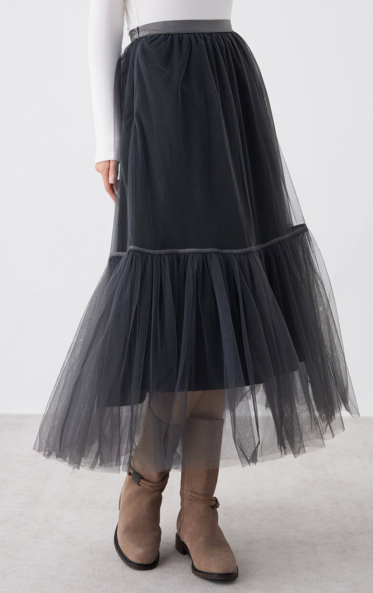 İpek Büzgülü Tül Etek