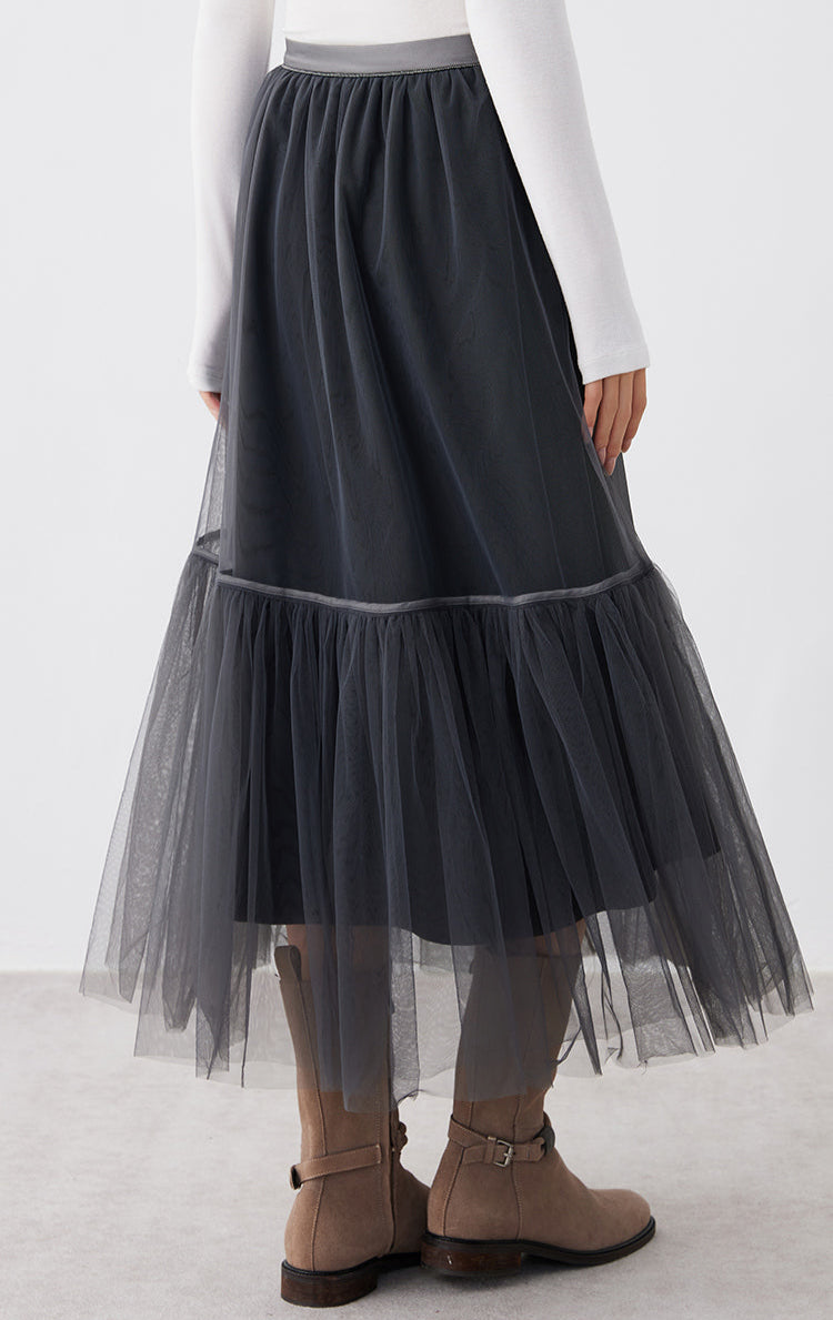 İpek Büzgülü Tül Etek