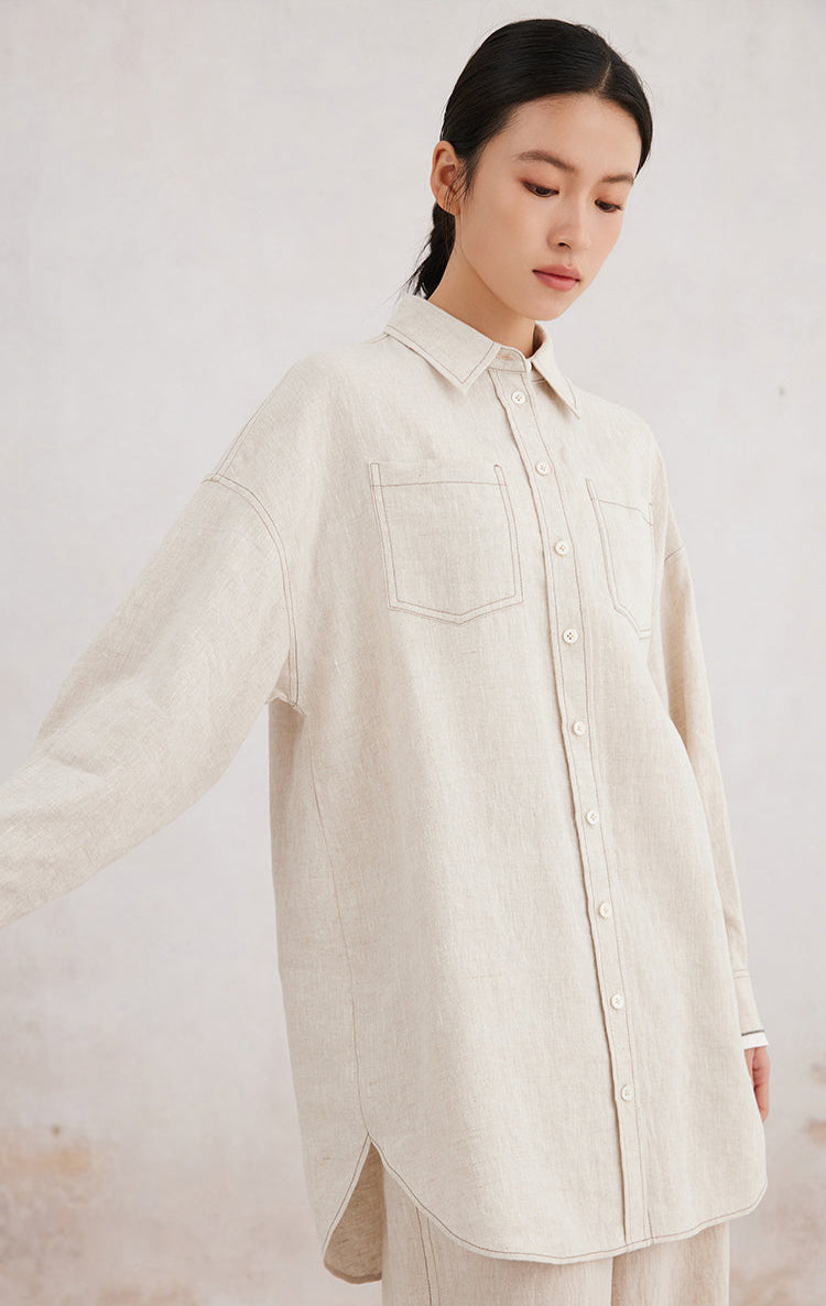 Keten Kontrast İç Detay Gömlek