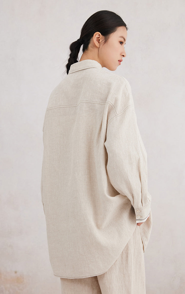 Keten Kontrast İç Detay Gömlek