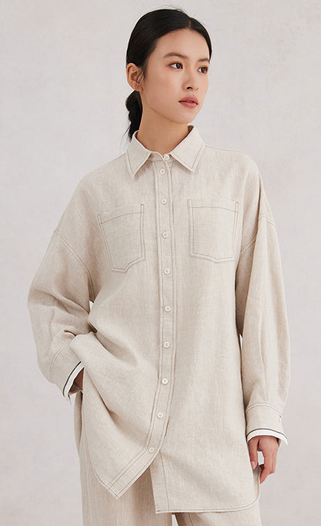 Keten Kontrast İç Detay Gömlek