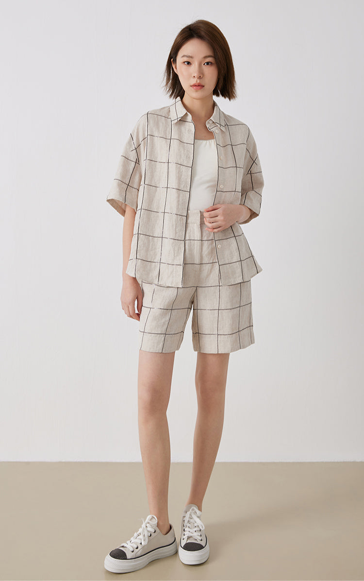 Keten & Pamuk Ekose Şort