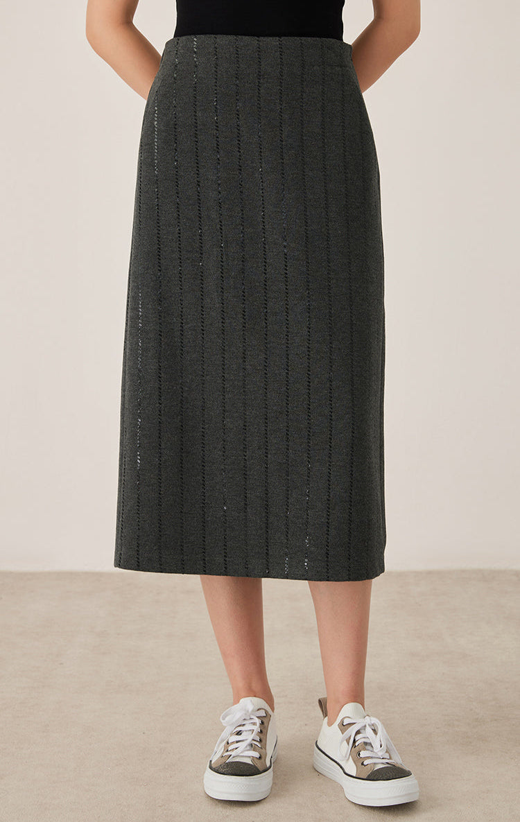 Yün Payet Nakışlı Çizgili Midi Etek