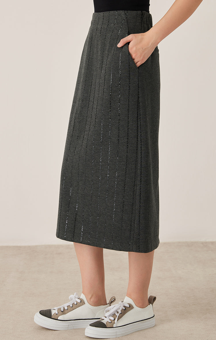 Yün Payet Nakışlı Çizgili Midi Etek