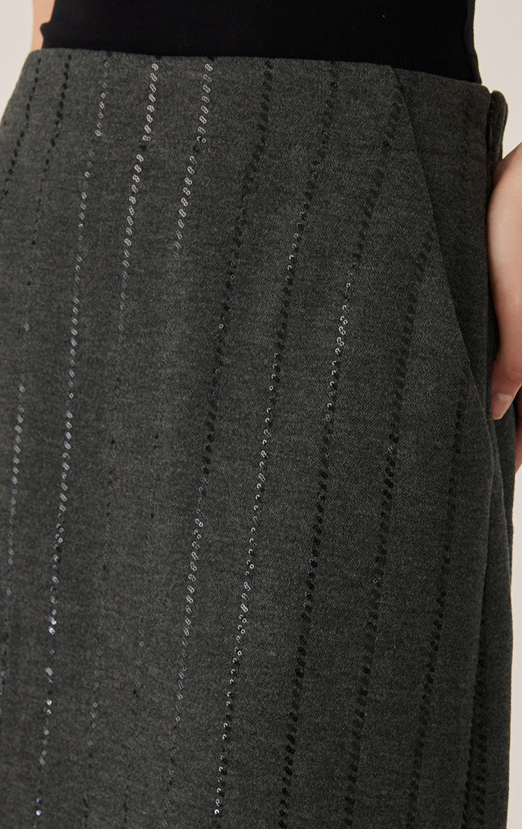 Yün Payet Nakışlı Çizgili Midi Etek