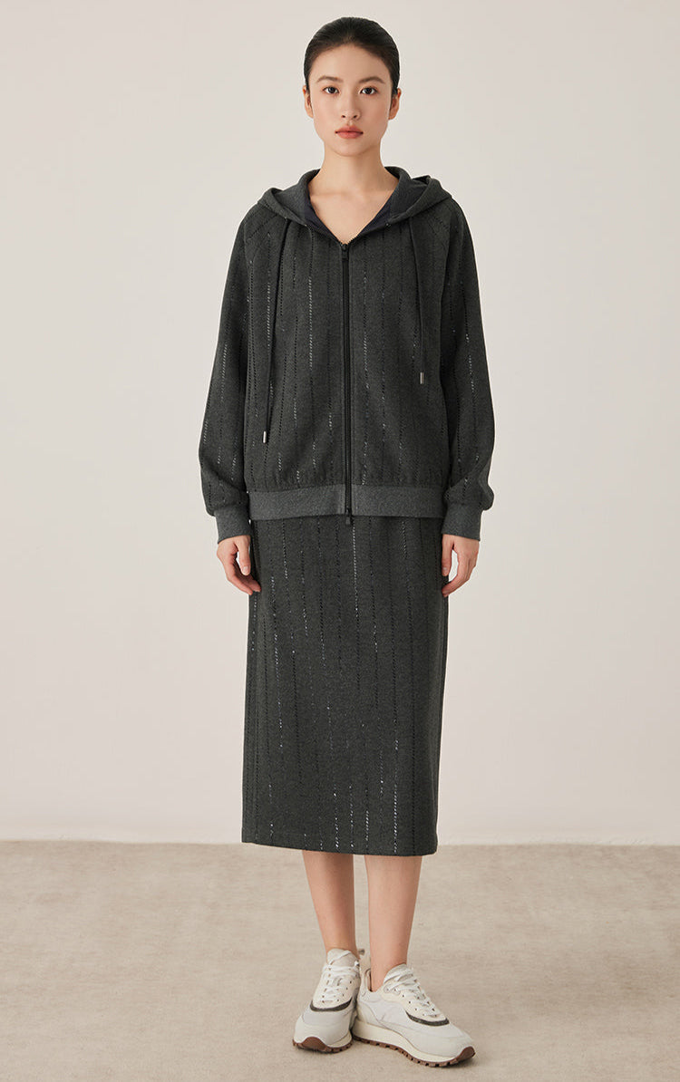 Yün Payet Nakışlı Çizgili Midi Etek