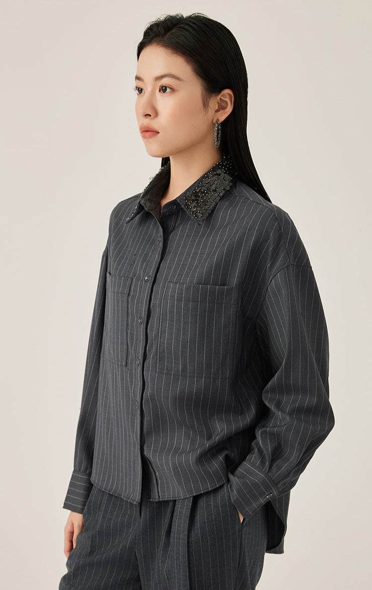 Yün İnce Dokulu Çizgili Yaka Gömlek