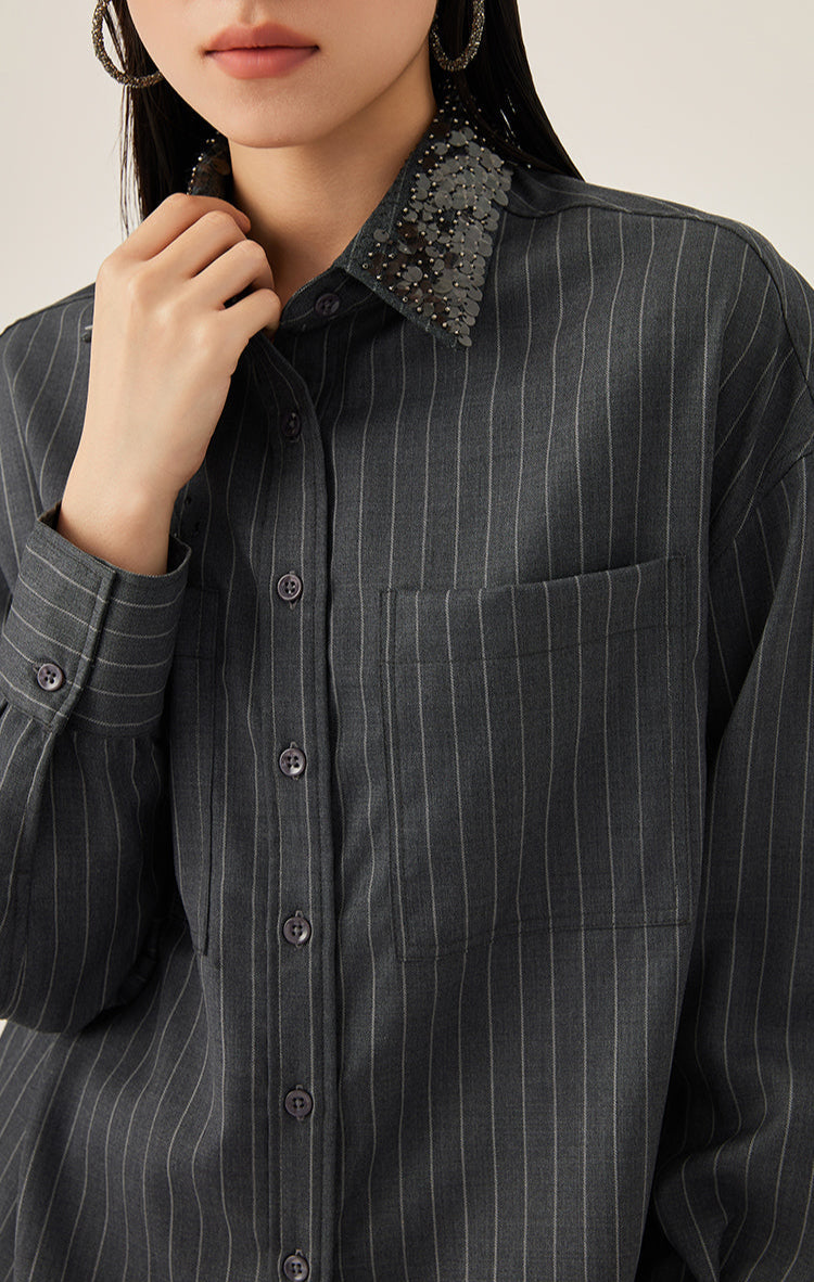 Yün İnce Dokulu Çizgili Yaka Gömlek