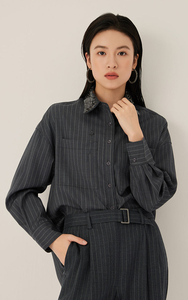 Yün İnce Dokulu Çizgili Yaka Gömlek