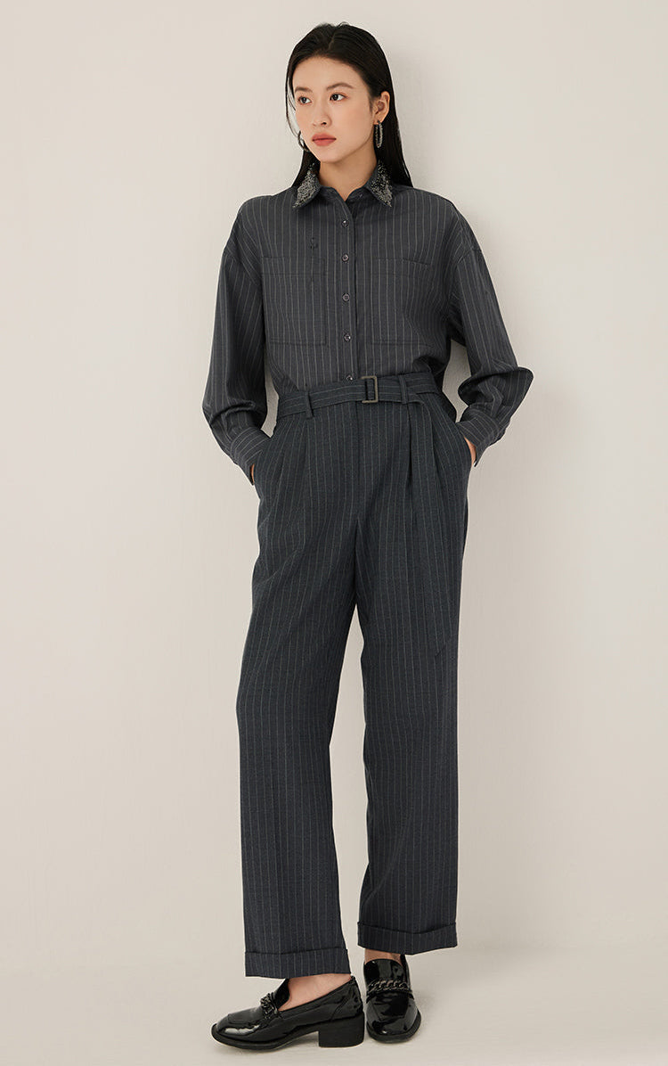 Yün Kuşaklı Pileli Pantolon