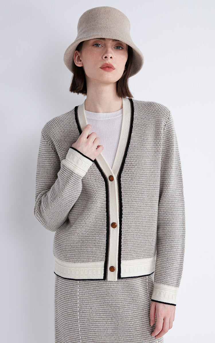 Saf Kaşmir İnce Dokulu Kontrast Şeritli Hırka