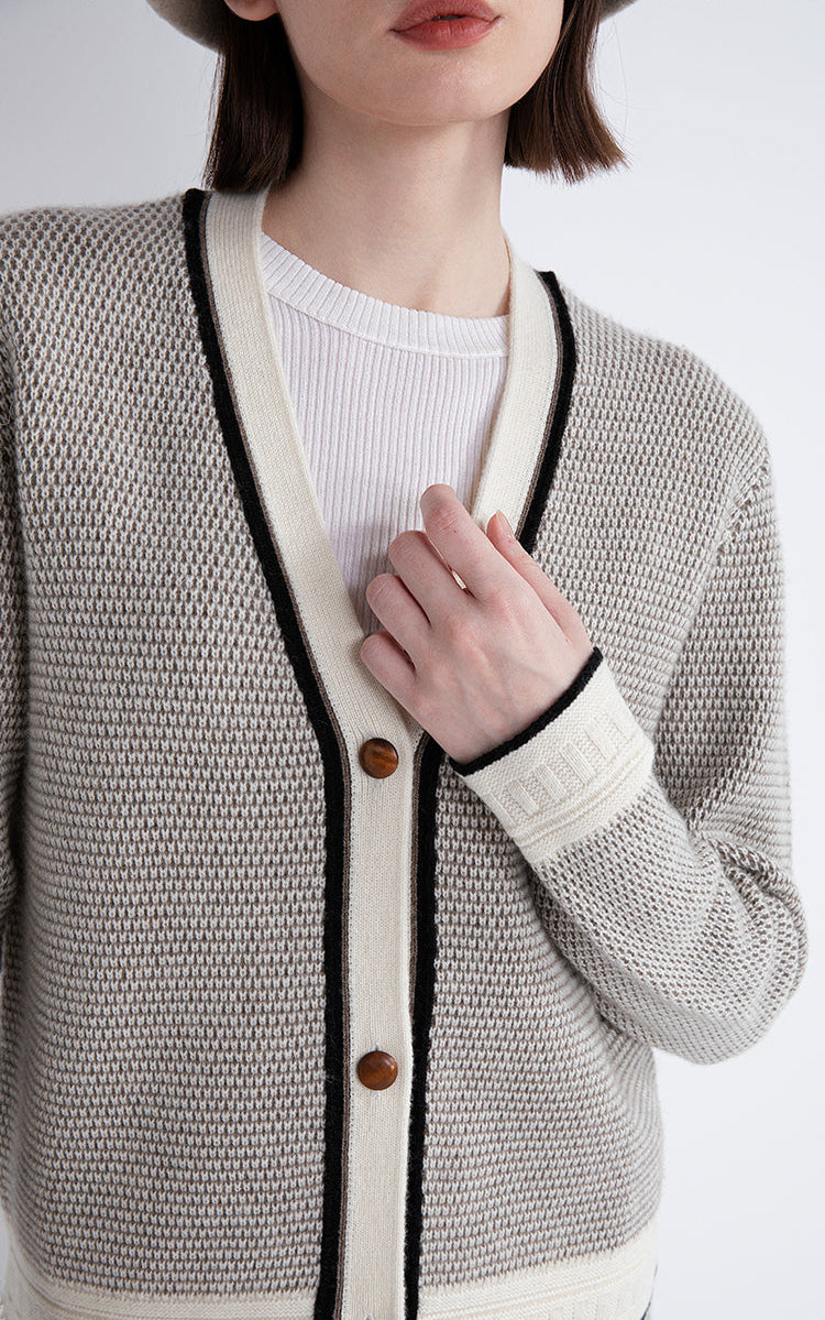 Saf Kaşmir İnce Dokulu Kontrast Şeritli Hırka