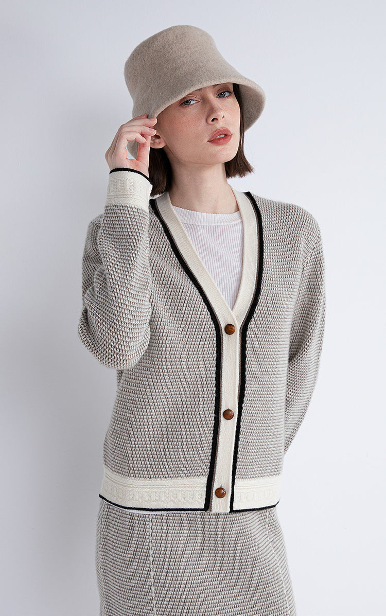 Saf Kaşmir İnce Dokulu Kontrast Şeritli Hırka