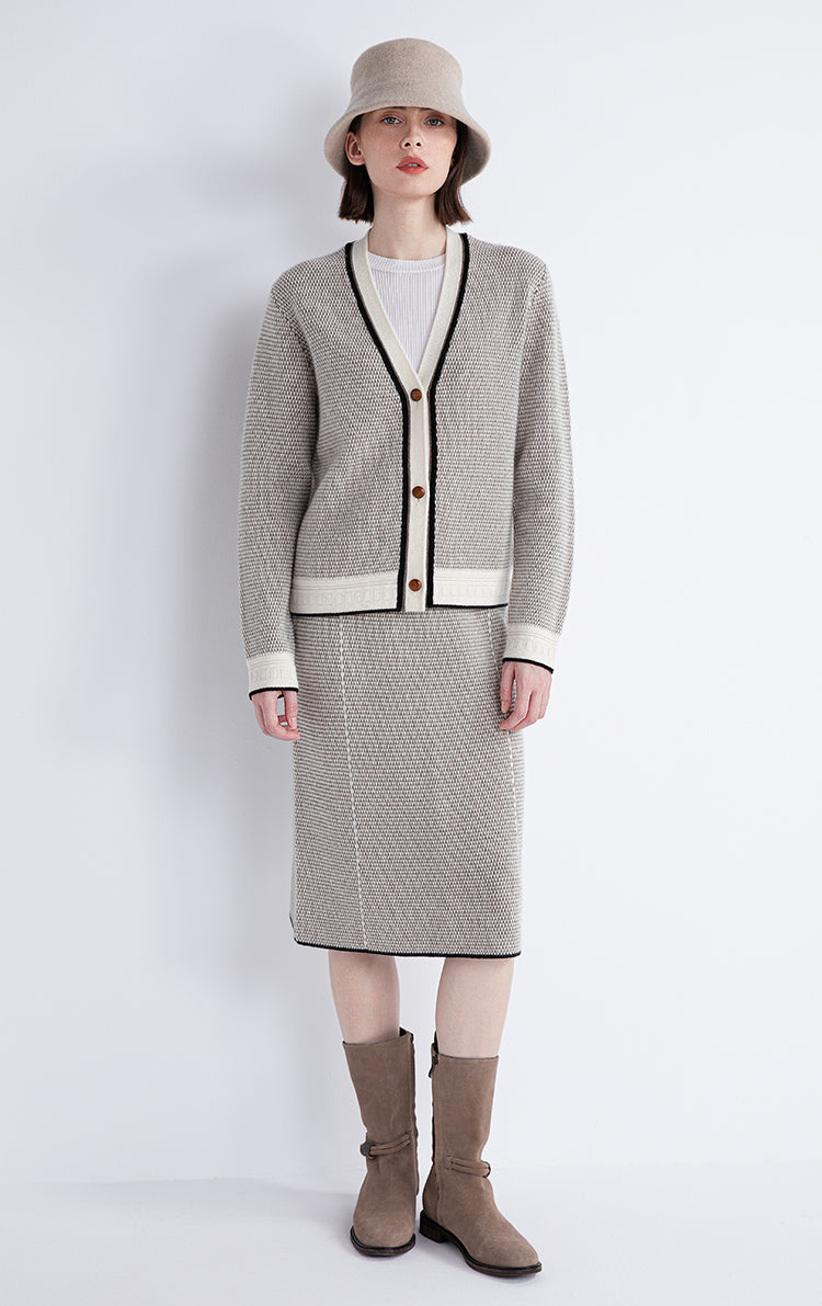 Saf Kaşmir İnce Dokulu Kontrast Şeritli Hırka