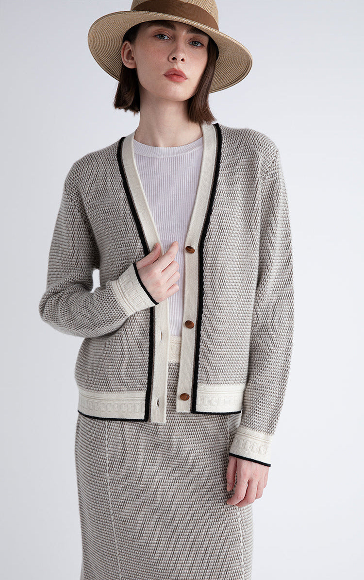 Saf Kaşmir İnce Dokulu Kontrast Şeritli Hırka