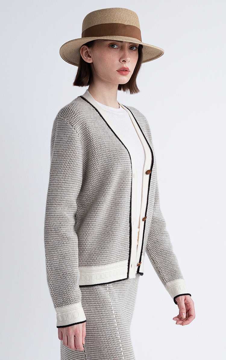 Saf Kaşmir İnce Dokulu Kontrast Şeritli Hırka