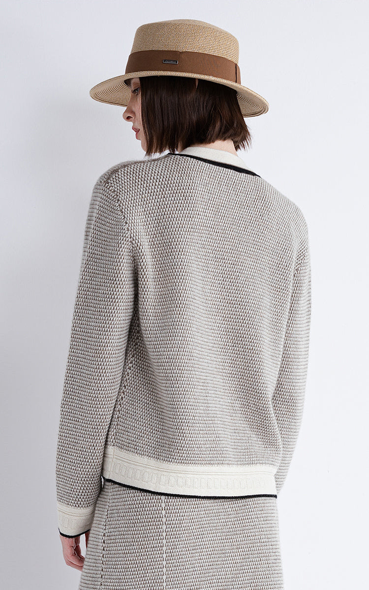 Saf Kaşmir İnce Dokulu Kontrast Şeritli Hırka