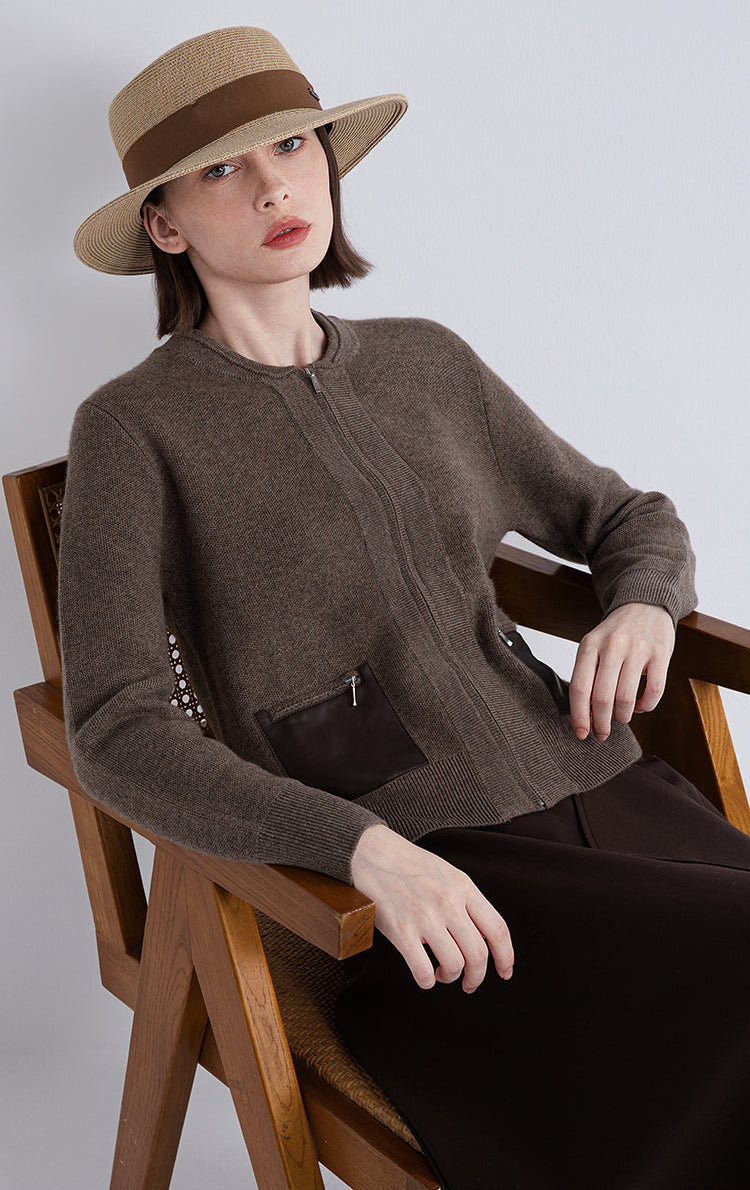 Saf Kaşmir Cepli Fermuarlı Hırka