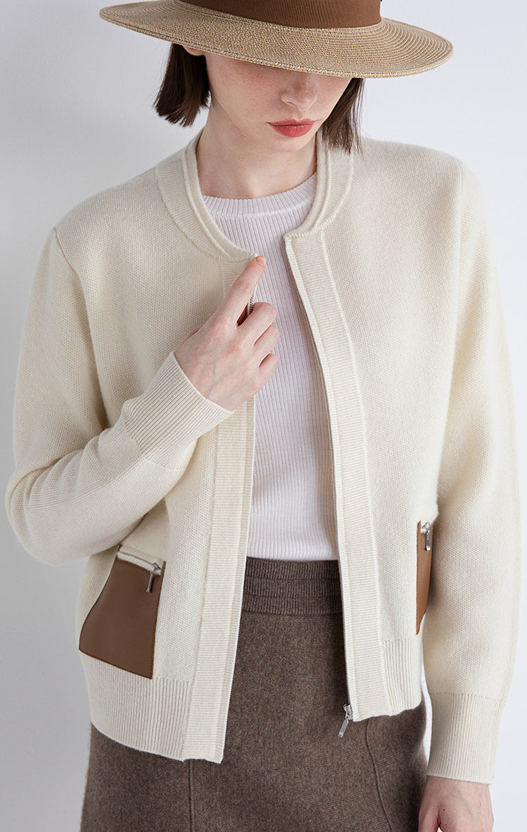 Saf Kaşmir Cepli Fermuarlı Hırka