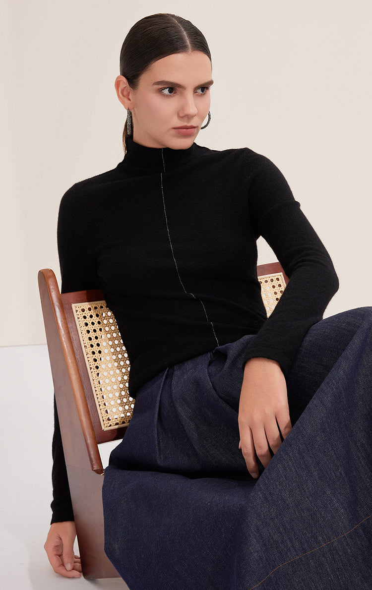 Saf Kaşmir Dikiş Detaylı Balıkçı Yaka Kazak