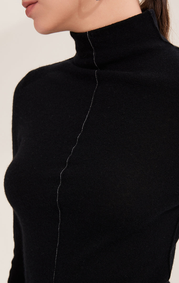 Saf Kaşmir Dikiş Detaylı Balıkçı Yaka Kazak