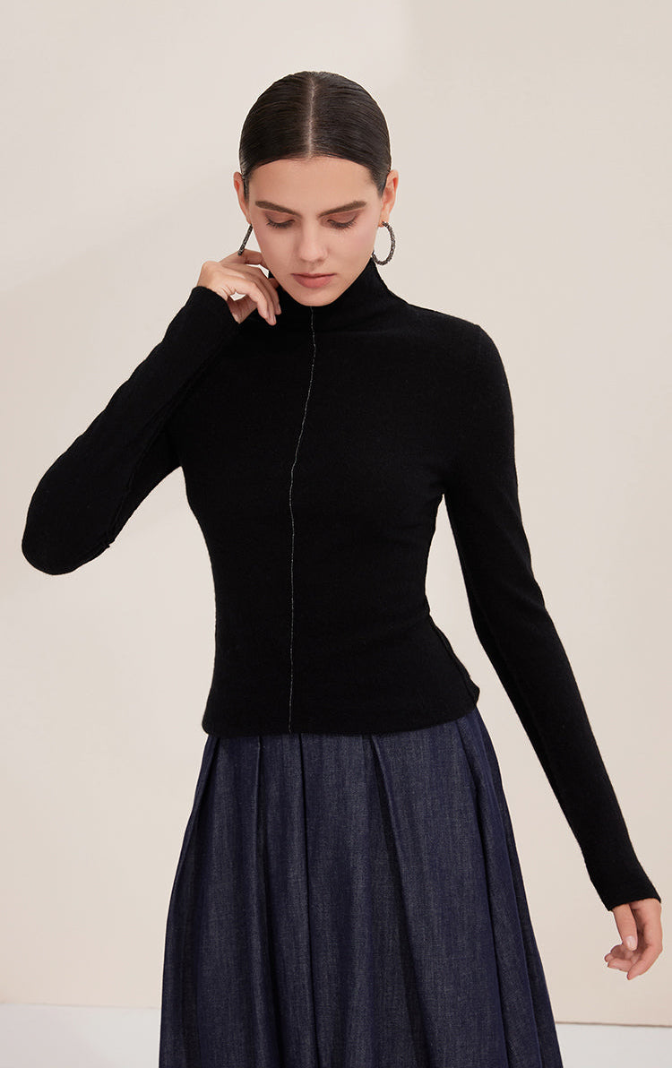 Saf Kaşmir Dikiş Detaylı Balıkçı Yaka Kazak