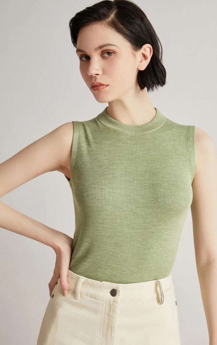 Yün & İpek Yüksek Yaka Kolsuz Örgü Yelek