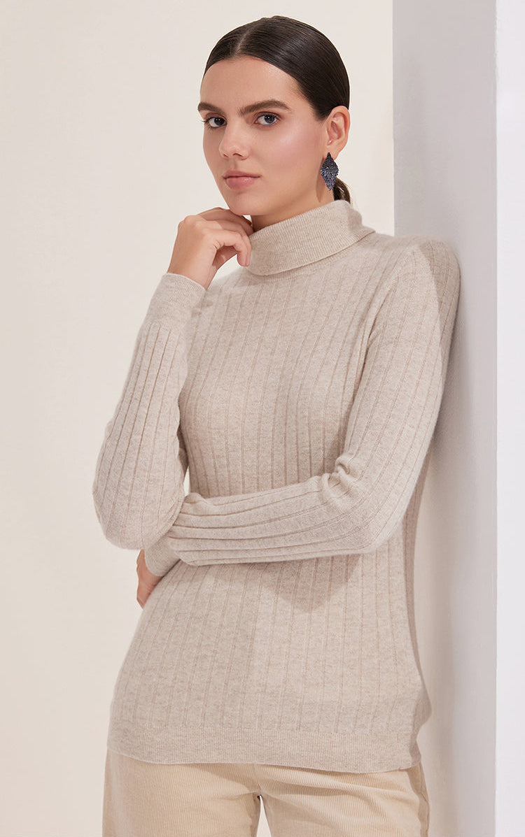 Saf Kaşmir Dokulu Balıkçı Yaka Kazak